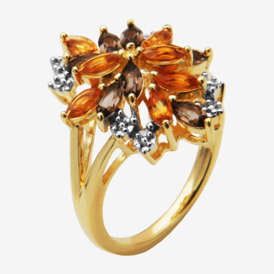 Womens Genuine Yellow Citrine 18K Gold Over Silver Flower 3-Stone Cocktail Ring