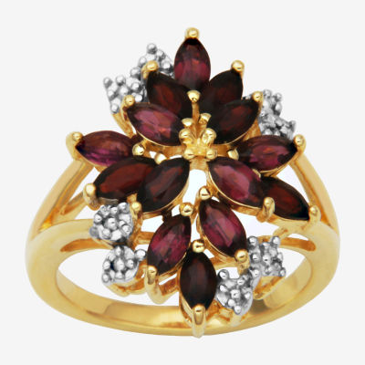 Womens Genuine Red Garnet 18K Gold Over Silver Flower Cluster Cocktail Ring
