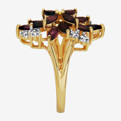 Womens Genuine Red Garnet 18K Gold Over Silver Flower Cluster Cocktail Ring