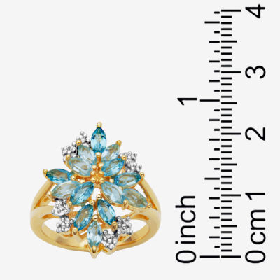 Womens Genuine Blue Topaz 18K Gold Over Silver Flower 3-Stone Cocktail Ring