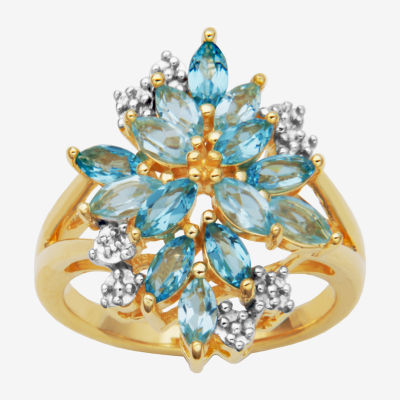 Womens Genuine Blue Topaz 18K Gold Over Silver Flower 3-Stone Cocktail Ring