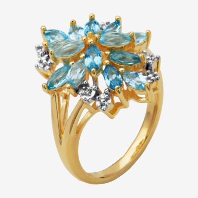 Womens Genuine Blue Topaz 18K Gold Over Silver Flower 3-Stone Cocktail Ring