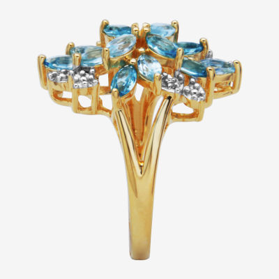 Womens Genuine Blue Topaz 18K Gold Over Silver Flower 3-Stone Cocktail Ring