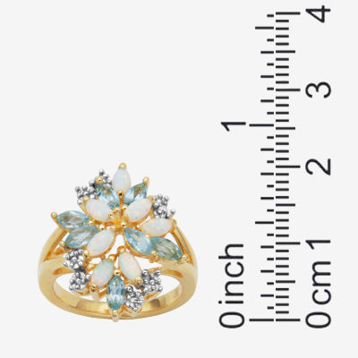 Womens Genuine White Opal 18K Gold Over Silver Flower 3-Stone Cocktail Ring