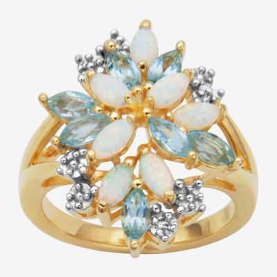 Womens Genuine Multi Color Opal 18K Gold Over Silver Flower 3-Stone Cocktail Ring