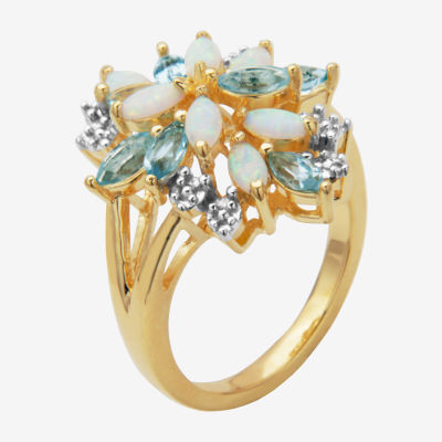 Womens Genuine White Opal 18K Gold Over Silver Flower 3-Stone Cocktail Ring