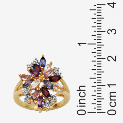 Womens Genuine Purple Amethyst 18K Gold Over Silver Flower 3-Stone Cocktail Ring