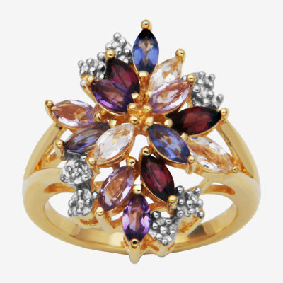 Womens Genuine Purple Amethyst 18K Gold Over Silver Flower 3-Stone Cocktail Ring