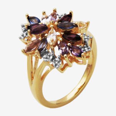 Womens Genuine Purple Amethyst 18K Gold Over Silver Flower 3-Stone Cocktail Ring