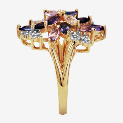 Womens Genuine Purple Amethyst 18K Gold Over Silver Flower 3-Stone Cocktail Ring