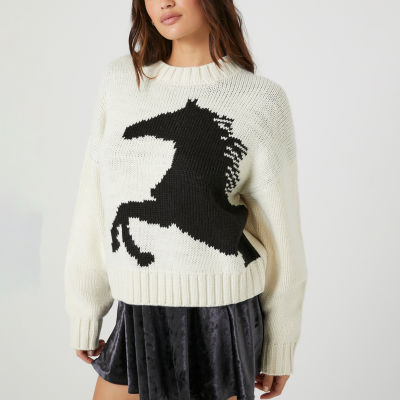 Forever 21 Juniors Western Horse Intarsia Womens Crew Neck Long Sleeve Animal Pullover Sweater
