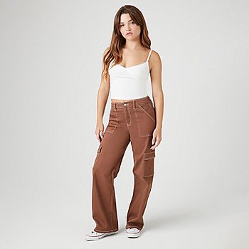 Forever 21 Contrast Stitching Utility Womens Mid Rise Wide Leg Cargo  Pant-Juniors