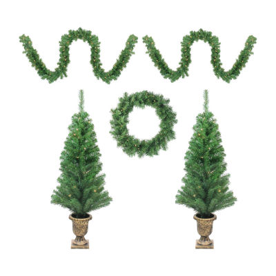 Northlight 5-Piece Artificial Winter Spruce Wreath And Garland Set Clear Lights 4 Foot Timer Christmas Tree