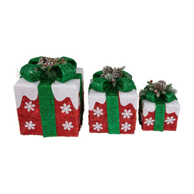 Northlight Set Of 3 Lighted Red With White Snowflakes Gift Boxes Decorations Christmas Holiday Yard Art