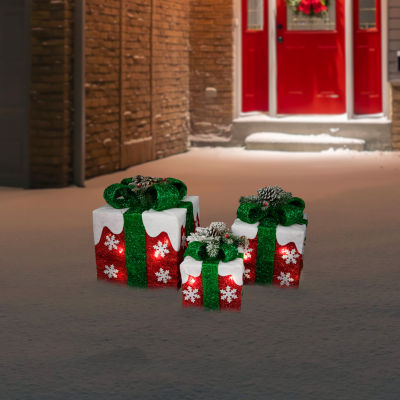 Northlight Set Of 3 Lighted Red With White Snowflakes Gift Boxes Decorations Christmas Yard Art