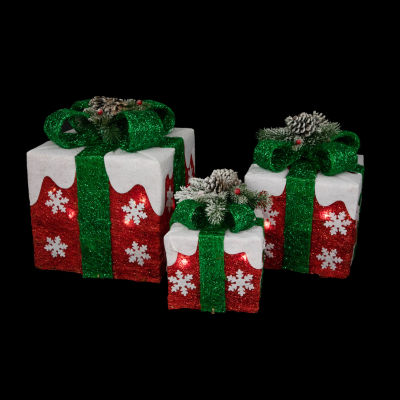 Northlight Set Of 3 Lighted Red With White Snowflakes Gift Boxes Decorations Christmas Yard Art