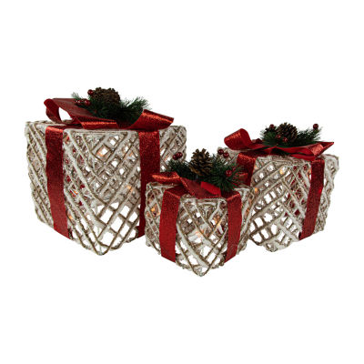 Northlight Set Of 3 Lighted White Rope Gift Box Decorations 9.75in Christmas Yard Art