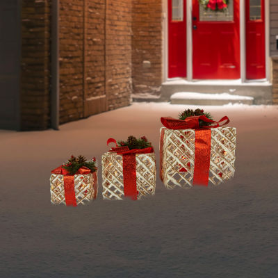 Northlight Set Of 3 Lighted White Rope Gift Box Decorations 9.75in Christmas Holiday Yard Art