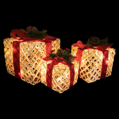 Northlight Set Of 3 Lighted White Rope Gift Box Decorations 9.75in Christmas Holiday Yard Art