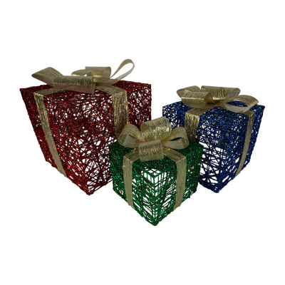 Northlight Set Of 3 Lighted Red Blue And Green Gift Boxes Decorations 9.75in Christmas Holiday Yard Art