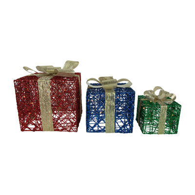 Northlight Set Of 3 Lighted Red Blue And Green Gift Boxes Decorations 9.75in Christmas Yard Art