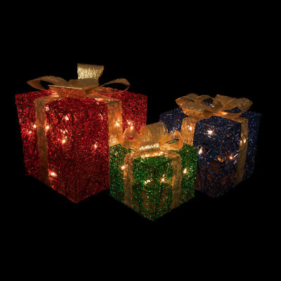 Northlight Set Of 3 Lighted Red Blue And Green Gift Boxes Decorations 9.75in Christmas Yard Art