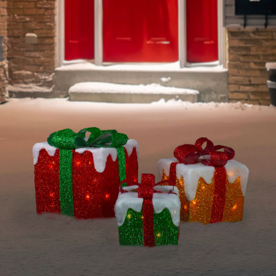 Northlight Set Of 3 Led Lighted Green Gold And Red Snowy Gift Boxes Outdoor Decorations Christmas Yard Art