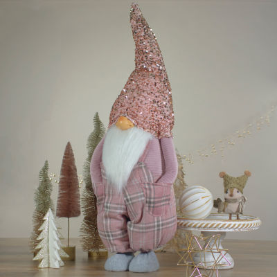 Northlight 30in Pink And Gray Plaid Tall Christmas Tabletop Gnome