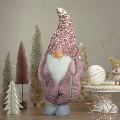 Northlight 24in Pink And Gray Plaid Christmas  With A Rose Gold Hat Gnome