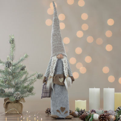 Northlight 27in Gray And Beige Girl Christmas  With Plaid Toy Sack Christmas Gnome