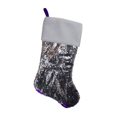 Northlight 23in Purple And Silver Reversible Sequined With Faux Fur Cuff Christmas Stocking