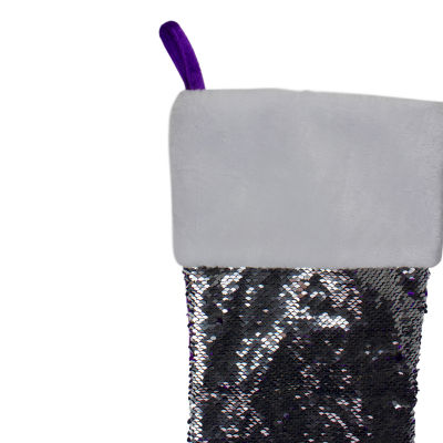 Northlight 23in Purple And Silver Reversible Sequined With Faux Fur Cuff Christmas Stocking