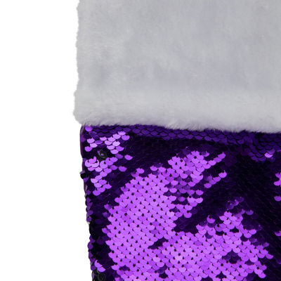 Northlight 23in Purple And Silver Reversible Sequined With Faux Fur Cuff Christmas Stocking