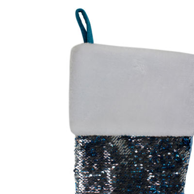 Northlight 22.75in Sky Blue And Silver Reversible Sequined With Faux Fur Cuff Christmas Stocking