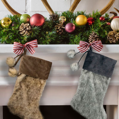 Northlight 20.5-Inch Gray Faux Fur With Corduroy Cuff And Pom Poms Christmas Stocking