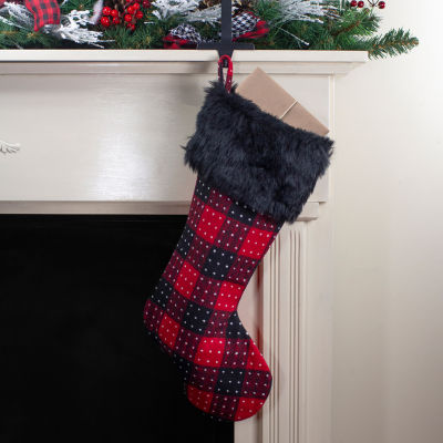 Northlight 21.5in Red And Black Plaid With Dots And Faux Fur Cuff Christmas Stocking
