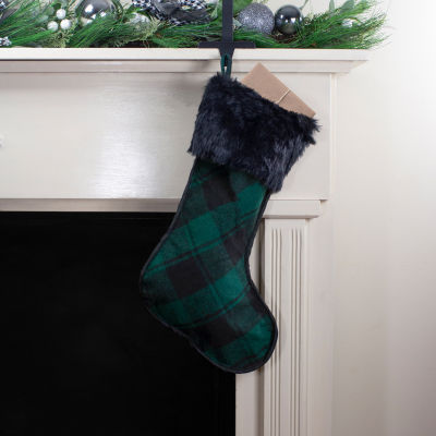 Northlight 19in Green And Black Plaid  With Faux Fur Christmas Stocking