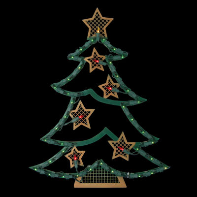 Northlight 17.75in Lighted Green And Gold Tree With Stars Silhouette Christmas Window Decor