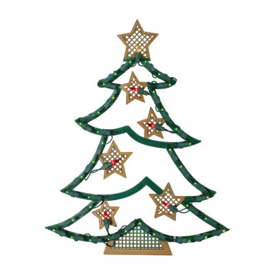 Northlight 17.75in Lighted Green And Gold Tree With Stars Silhouette Christmas Holiday Window Decor