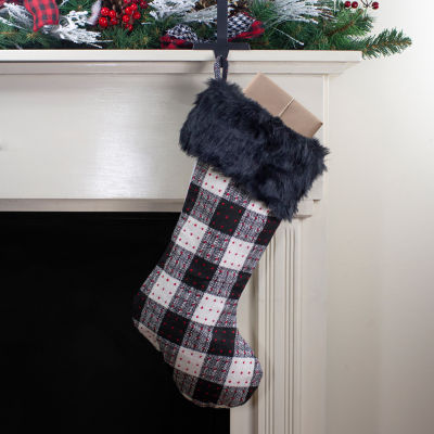 Northlight 21in Black And Ivory Plaid With Dots And Faux Fur Cuff Christmas Stocking