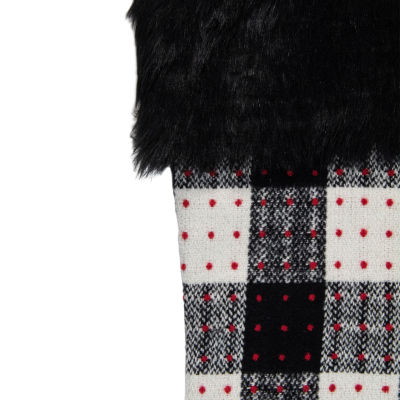 Northlight 21in Black And Ivory Plaid With Dots And Faux Fur Cuff Christmas Stocking