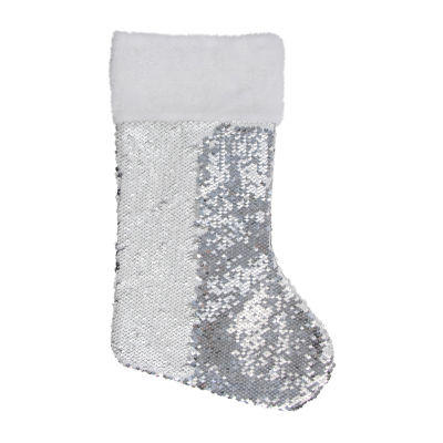 Northlight 19in White And Silver Sequin  With White Faux Fur Cuff Christmas Stocking