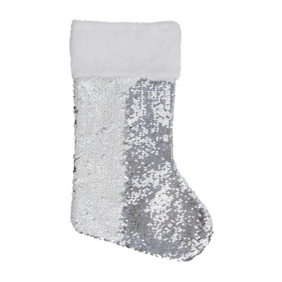 Northlight 19in White And Silver Sequin With White Faux Fur Cuff Christmas Stocking