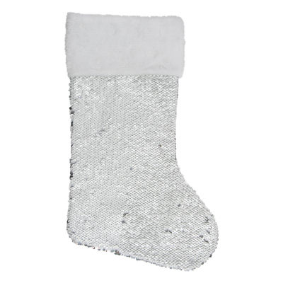 Northlight 19in White And Silver Sequin With White Faux Fur Cuff Christmas Stocking