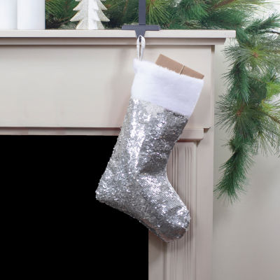 Northlight 19in White And Silver Sequin  With White Faux Fur Cuff Christmas Stocking