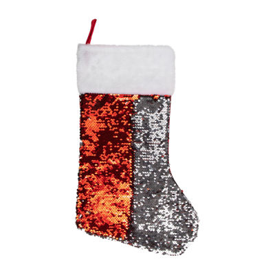 Northlight 19in Red And Silver Sequin  With White Faux Fur Cuff Christmas Stocking