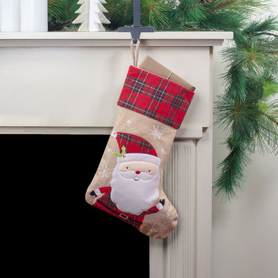 Northlight 19in Burlap Plaid Whimsical Santa Waiving Christmas Stocking