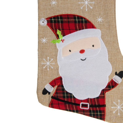 Northlight 19in Burlap Plaid Whimsical Santa Waiving Christmas Stocking