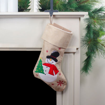 Northlight 19in Burlap Standing Snowman With A Tree And Snowflakes Christmas Stocking