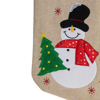 Northlight 19in Burlap Standing Snowman With A Tree And Snowflakes Christmas Stocking